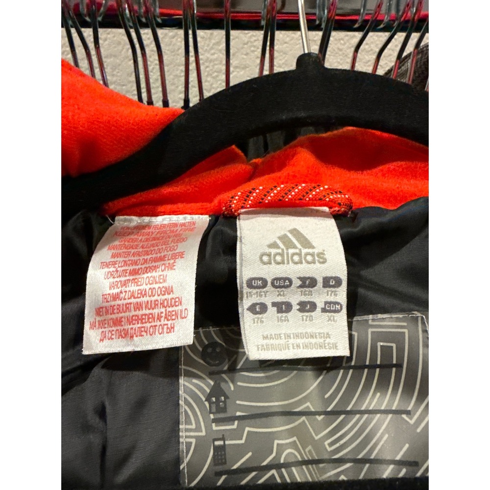 Adidas Puffer Jacket Womens XL Red Grey Colorblock Hooded 3 Stripe‎ Winter Coat - Picture 4 of 6